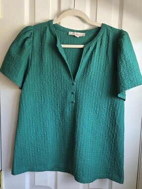 LOFT Emeral Green Textured Short Sleeve V-Neck Blouse